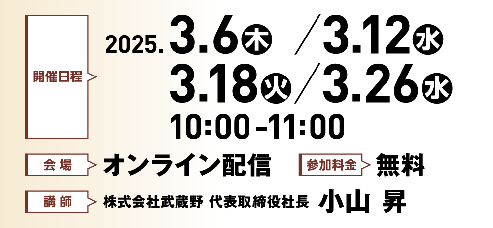 開催日程 2025.3.6（木）/3.12（水）/3.18（火）/3.26（水）10:00-11:00